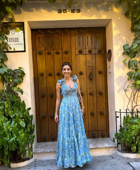 Rückenfreies, blaues A-Linien-Partykleid mit Blumenmuster und V-Ausschnitt, DP1953