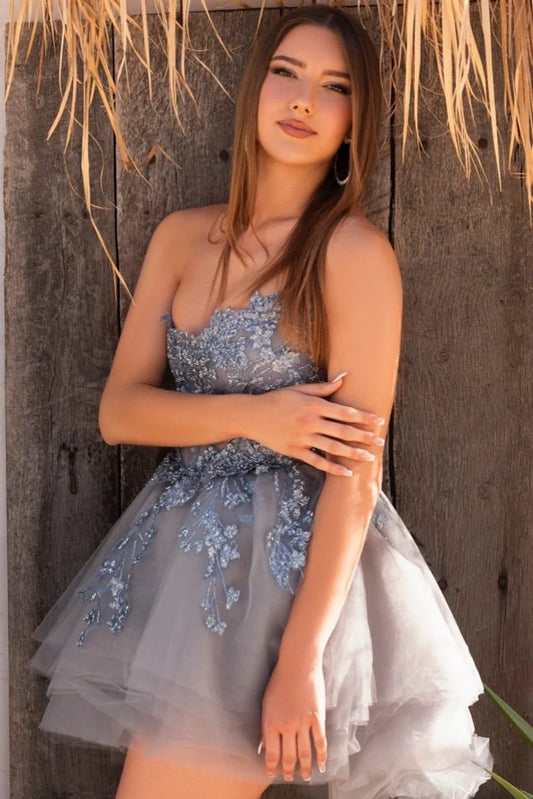 Vintage Blue Applique Strapless Design A-line Tulle Party Dress Homecoming Dress DP6081