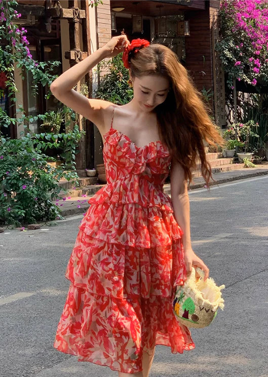 Cute Floral Sweetheart Spaghetti Strap Short A-Line Tiered Party Dress Cocktail Dress Homecoming Dress DP6493