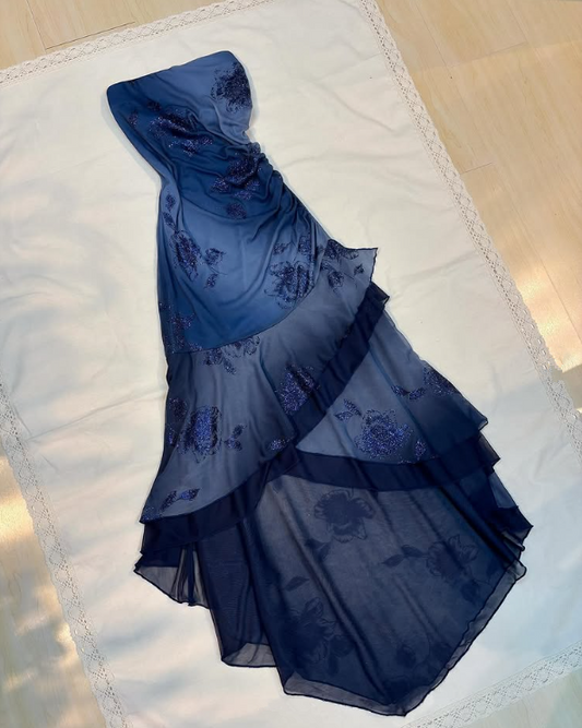 Robe de soirée longue en mousseline de soie, style vintage, sans bretelles, bleu marine, DP3893