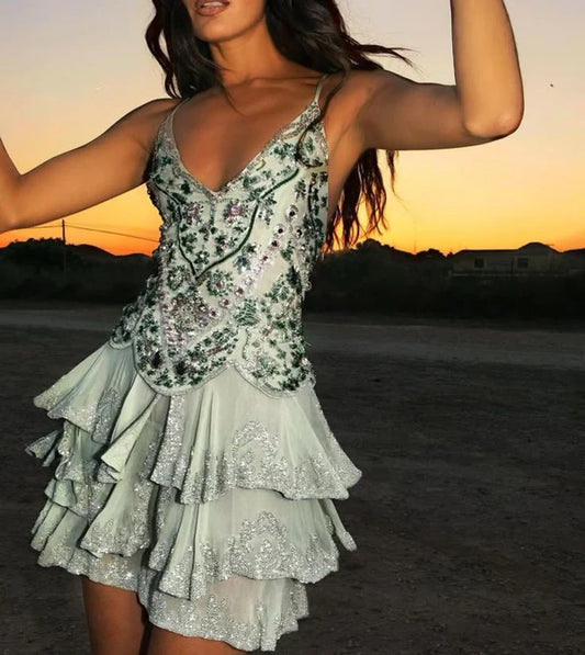 Vintage Green Embroidery Beaded Homecoming Dress A-Line Backless Party Dress Short Cocktail Dress, DP6552