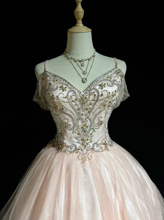 Robe de soirée trapèze vintage rose brodée de perles, à bretelles spaghetti, courte, en mousseline, DP6558