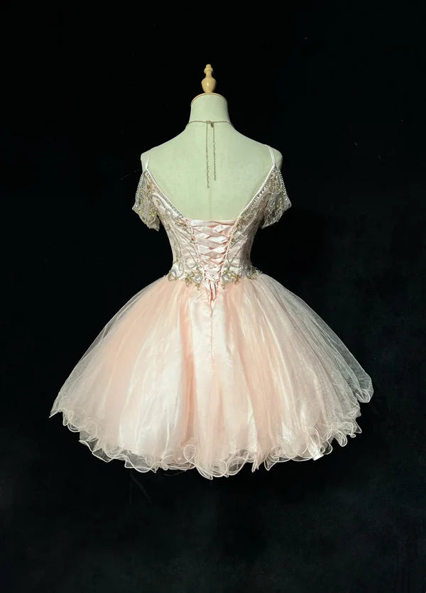 Vintage Pink Beaded Embroidery A-Line Homecoming Dress Spaghetti Strap Party Dress Short Chiffon Cocktail Dress, DP6558