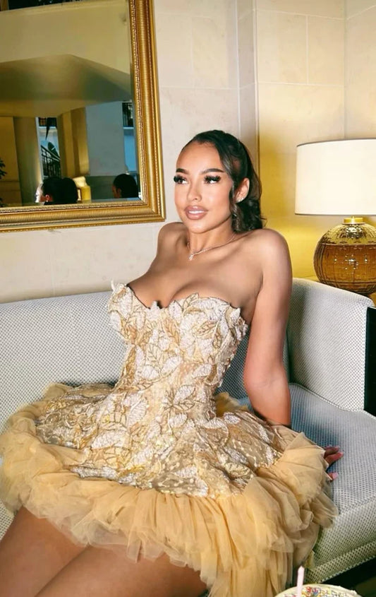 Vintage Golden Sweetheart Homecoming Kleid A-Linie Partykleid Applikation Kurzes Cocktailkleid, DP6550