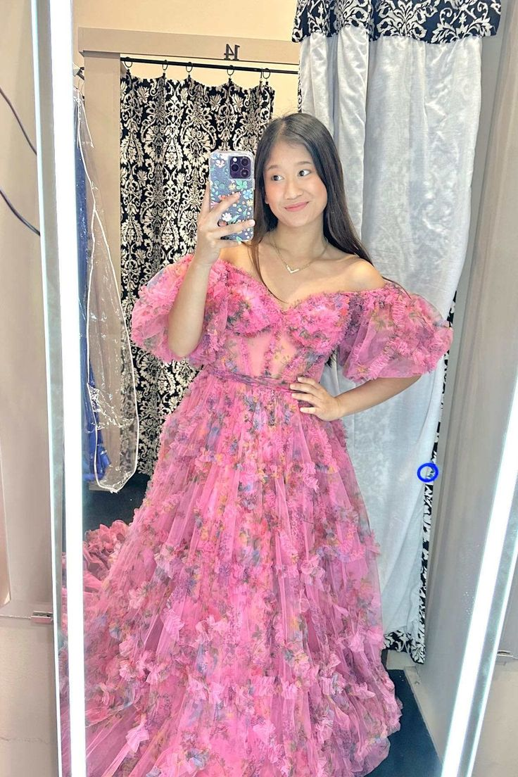 Off the Shoulder Floral Print A-Line Long Prom Dress,DP0256
