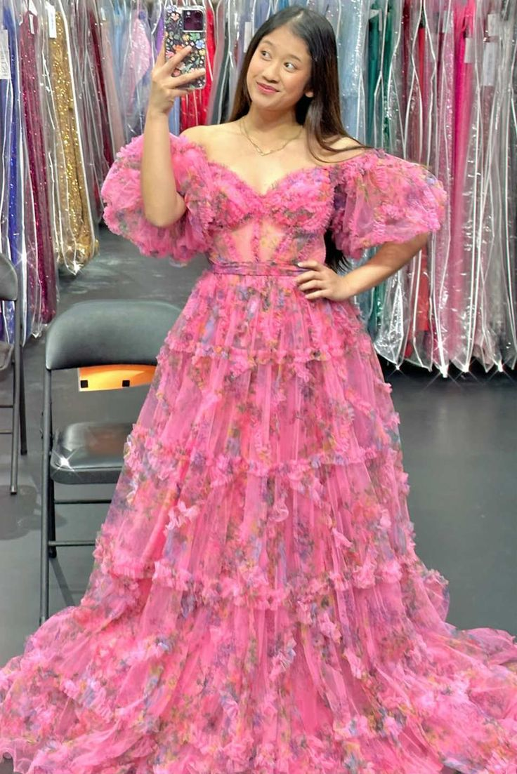 Off the Shoulder Floral Print A-Line Long Prom Dress,DP0256