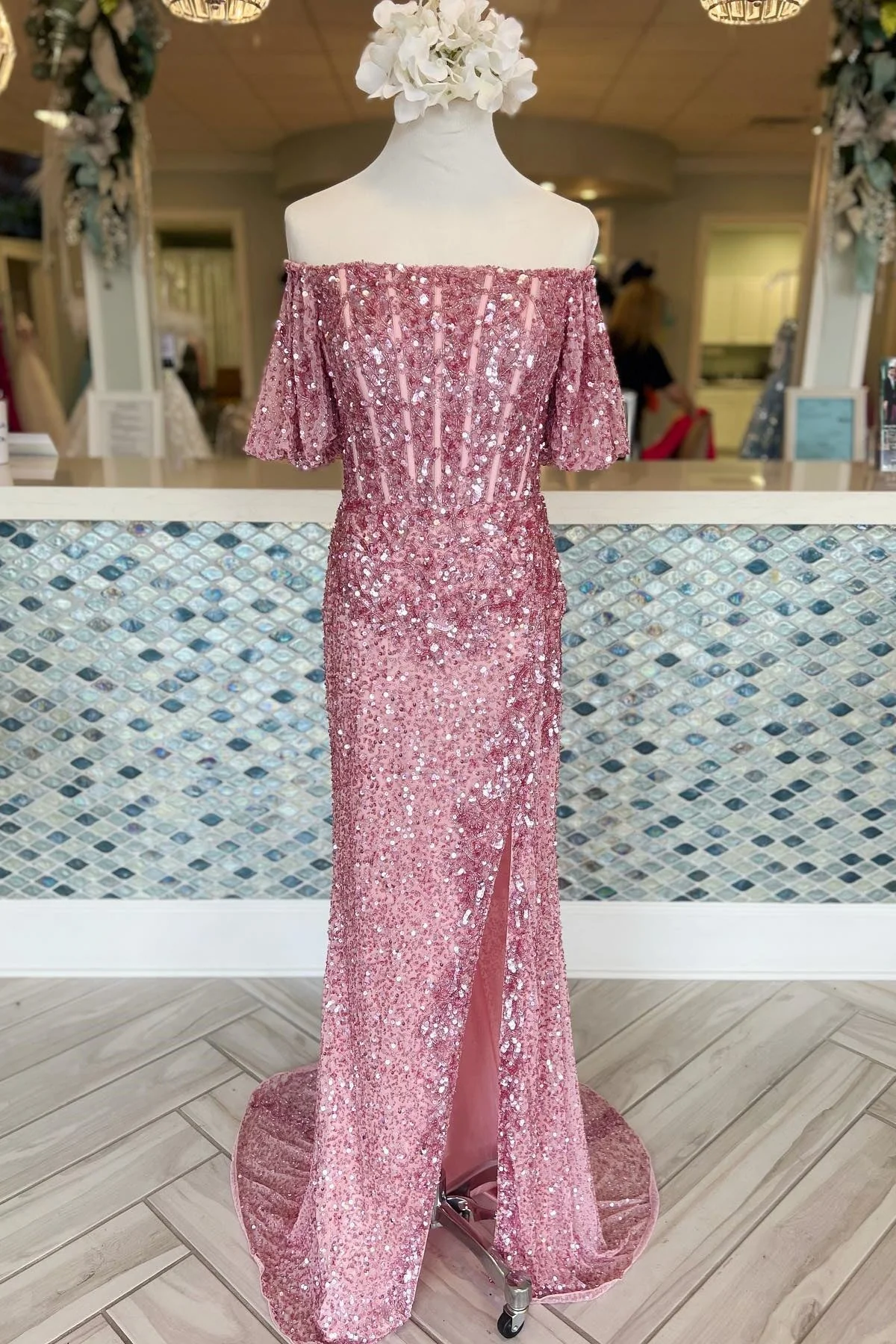 Pink Off Shoulder Sparkle Sequined Beaded Long Prom Party Dress with Slit,DP1000
