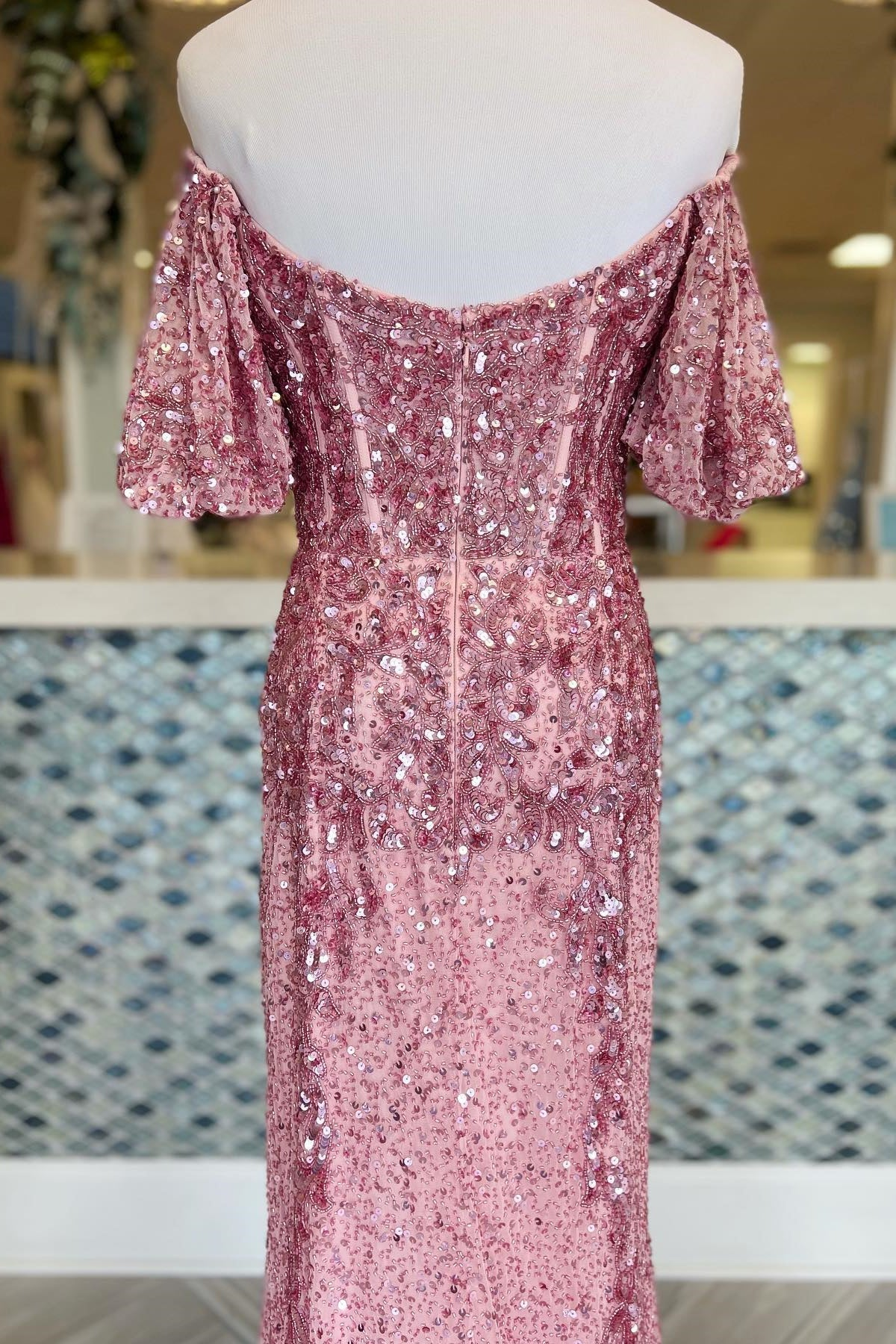 Pink Off Shoulder Sparkle Sequined Beaded Long Prom Party Dress with Slit,DP1000