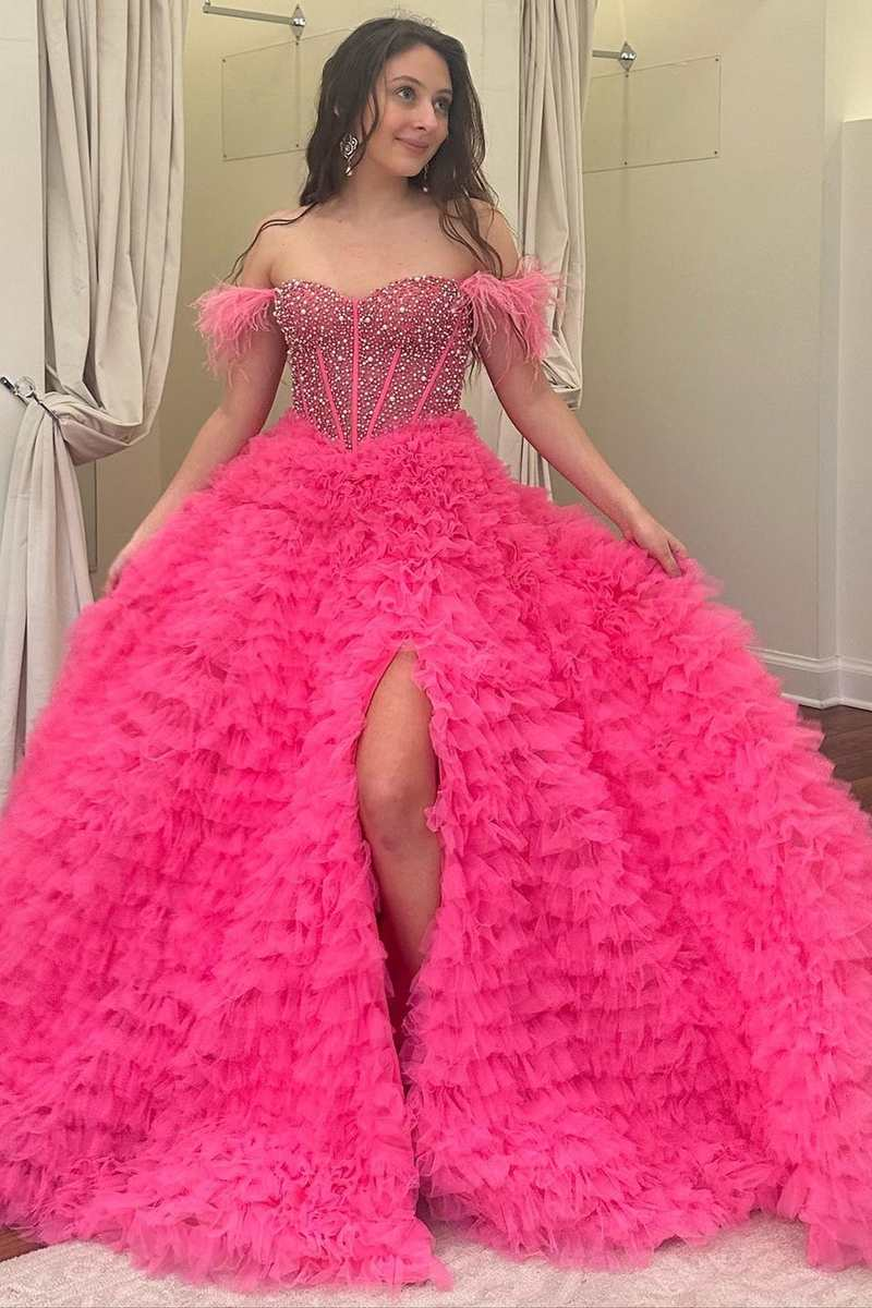 Robe de soirée longue rose vif à épaules dénudées et tulle perlé avec fente, DP1001