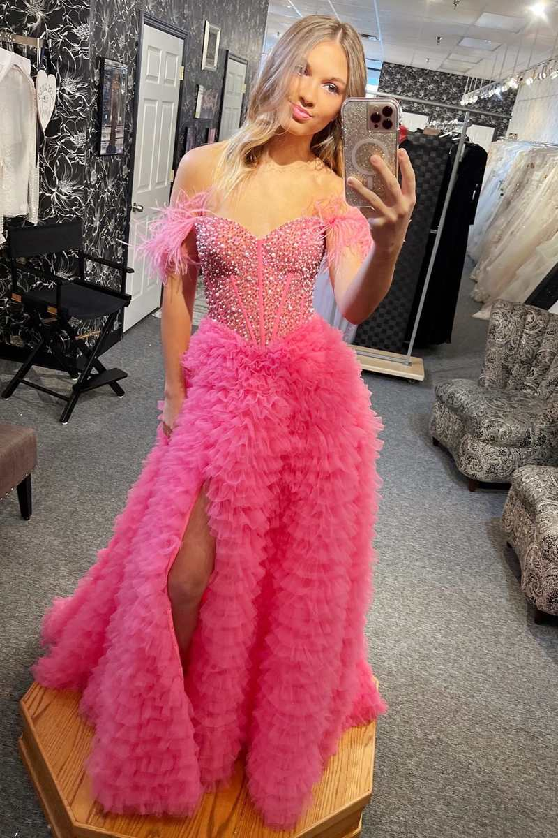 Robe de soirée longue rose vif à épaules dénudées et tulle perlé avec fente, DP1001