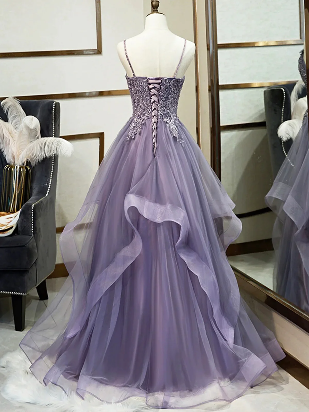 Purple A-Line Tulle Appliques Long Prom Party Dress with Beading,DP1004