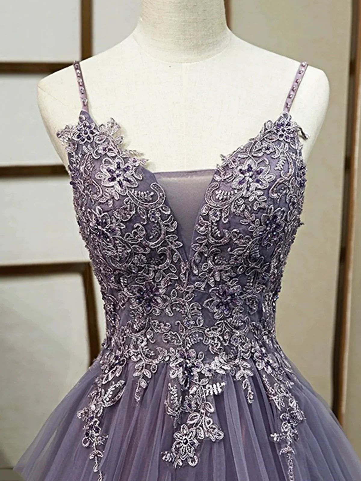 Purple A-Line Tulle Appliques Long Prom Party Dress with Beading,DP1004