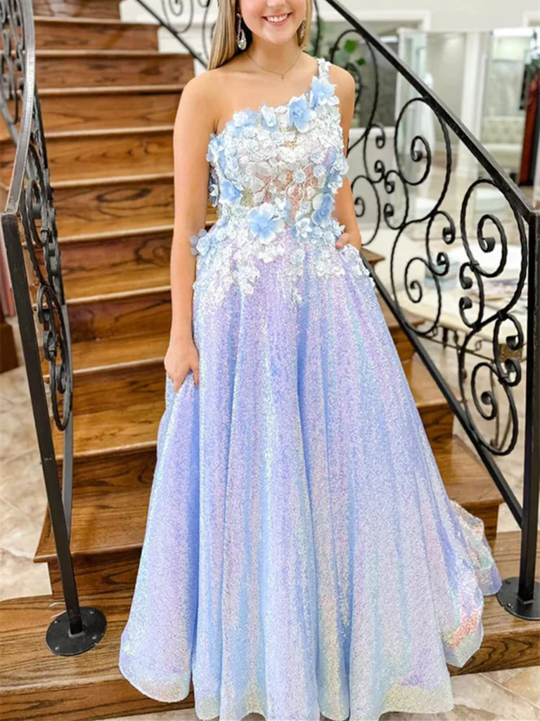 Robe de bal longue asymétrique à fleurs 3D et paillettes, DP1009