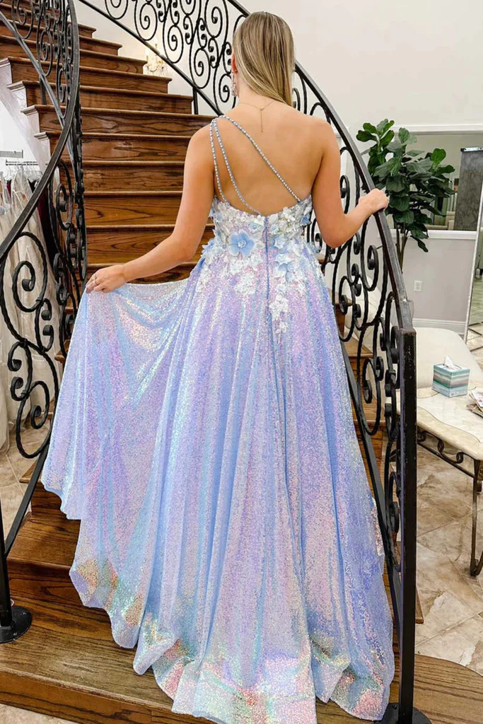 Robe de bal longue asymétrique à fleurs 3D et paillettes, DP1009