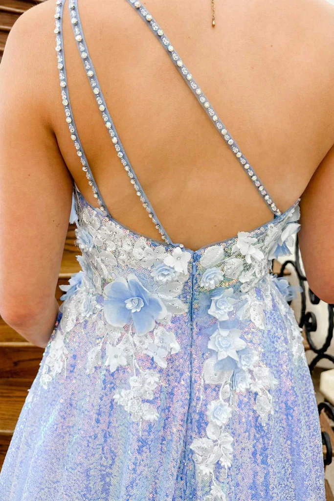 Robe de bal longue asymétrique à fleurs 3D et paillettes, DP1009