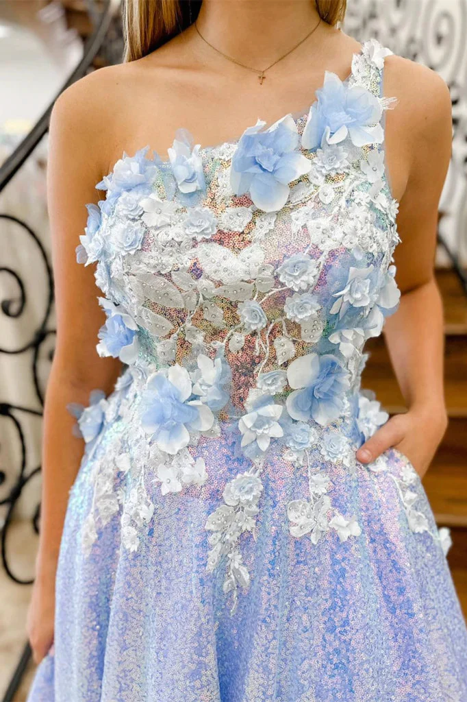 Robe de bal longue asymétrique à fleurs 3D et paillettes, DP1009