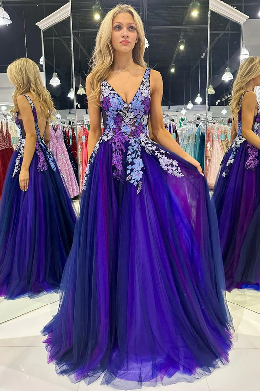 Robe de soirée violette dos nu en tulle avec appliques, DP1013