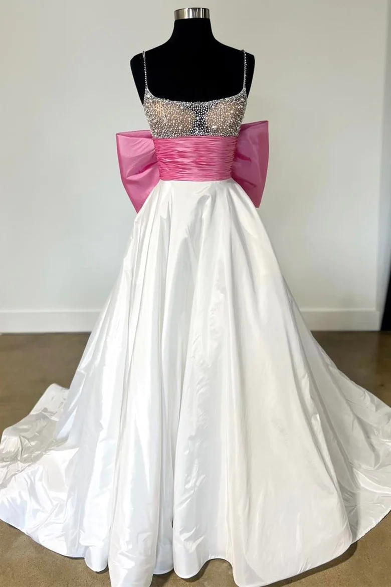 Robe de bal longue trapèze à perles et nœud bleu princesse, robe d'anniversaire, DP1025
