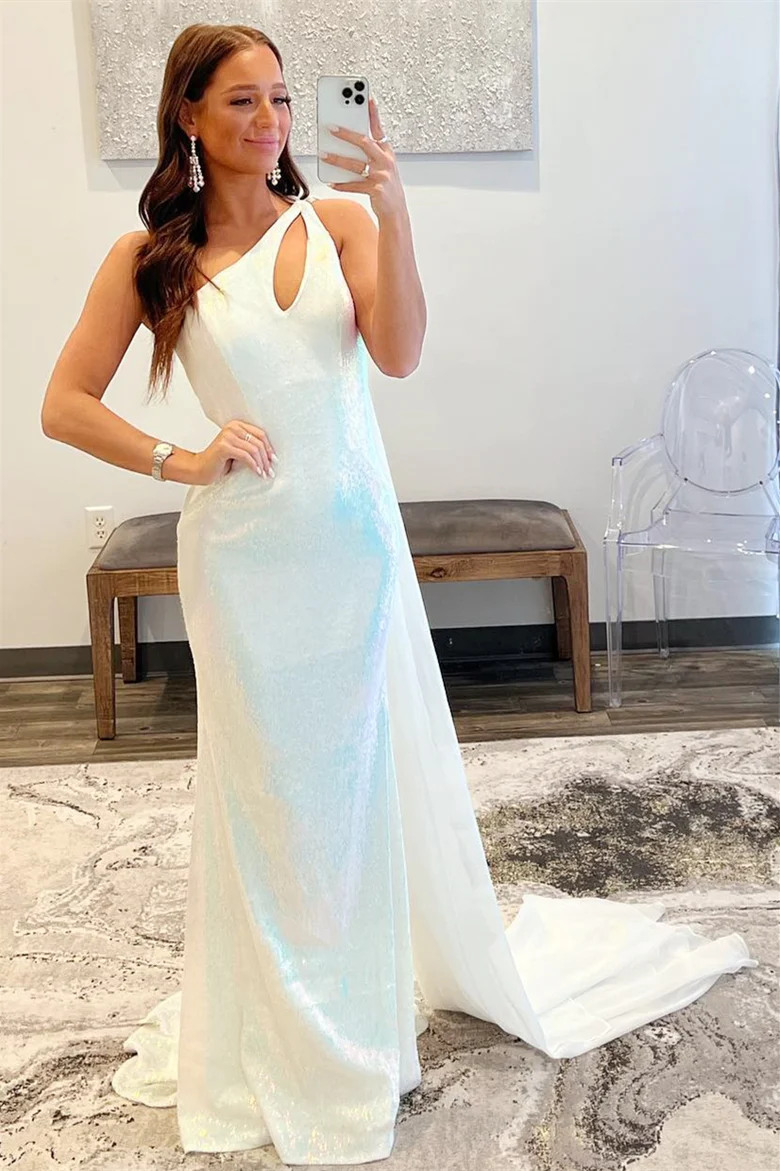 Robe de bal sirène blanche à une épaule et découpes, DP1027
