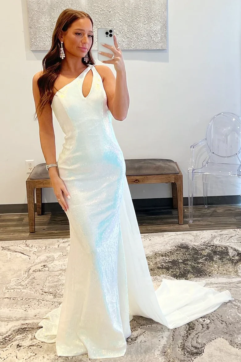 Robe de bal sirène blanche à une épaule et découpes, DP1027