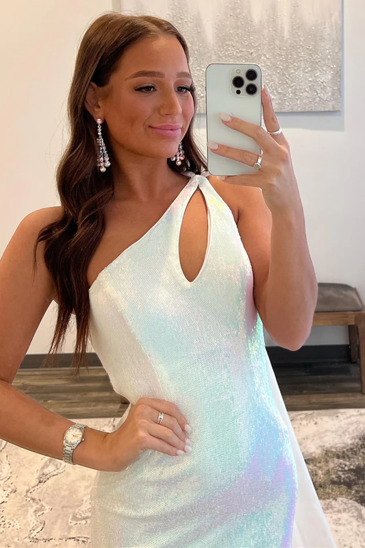 Robe de bal sirène blanche à une épaule et découpes, DP1027