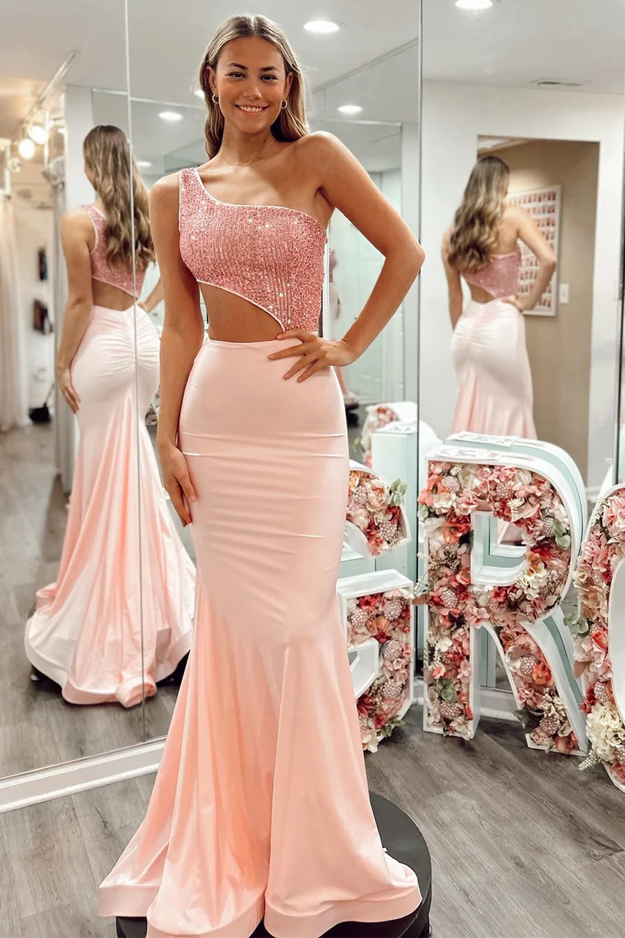 Robe de soirée sirène rose à une épaule et paillettes, DP1030
