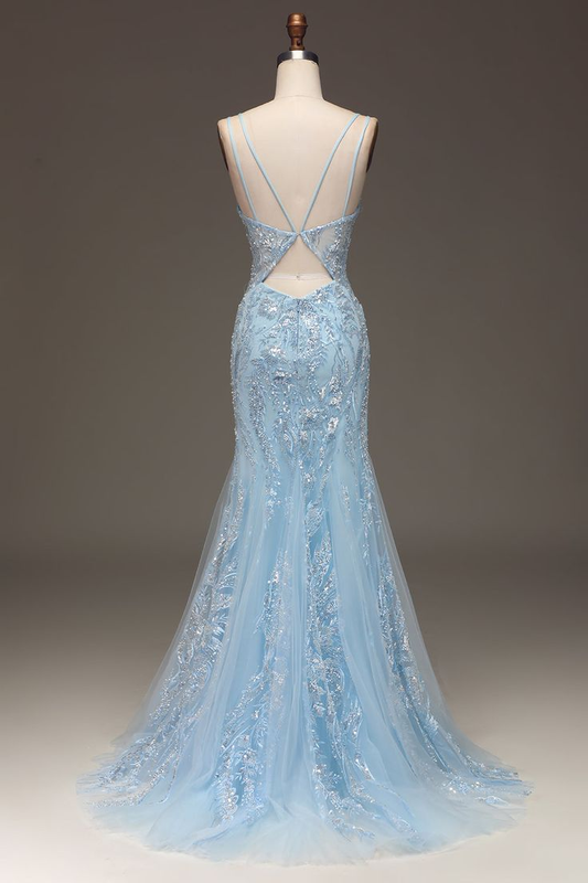 Robe de bal bleu clair à paillettes et perles, robe de soirée formelle avec fente, DP1040