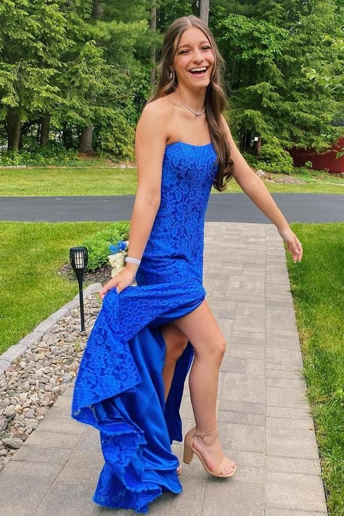 Royal Blue Strapless Long Prom Dress with Slit,DP1042