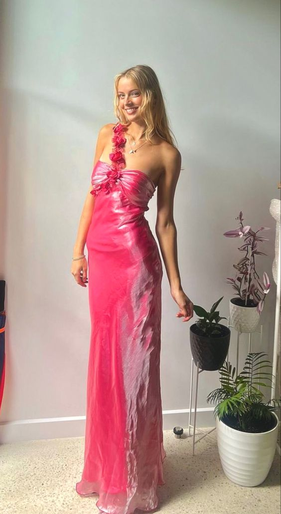 Robe de soirée longue à fleurs rose vif, asymétrique, DP1049