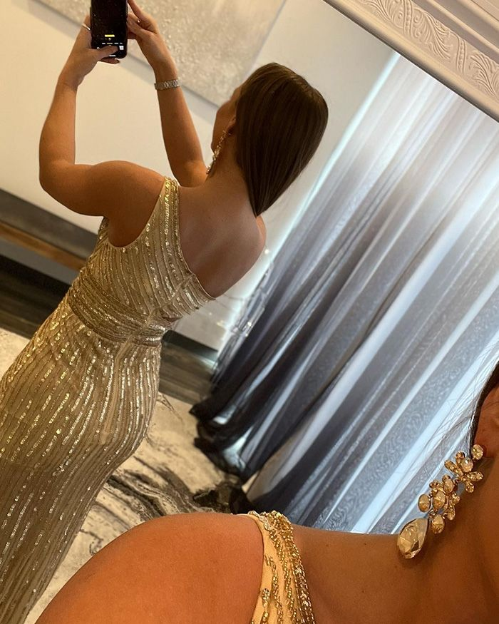 Robe de soirée longue à paillettes dorées, asymétrique, DP1050