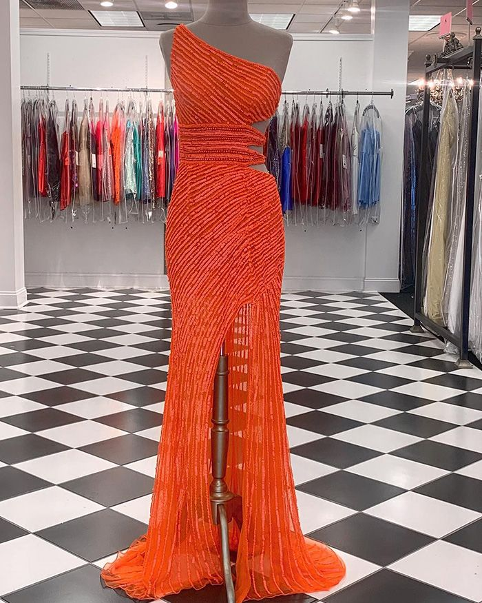 Robe de soirée longue à paillettes dorées, asymétrique, DP1050