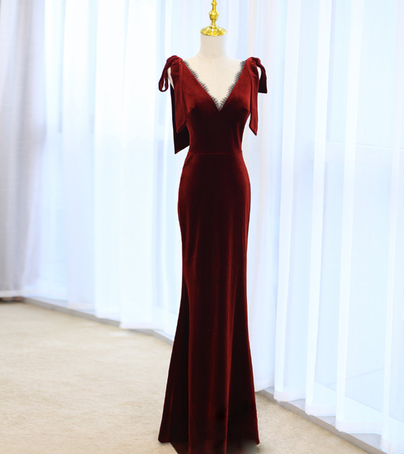 Rotes V-Ausschnitt Samt Meerjungfrau Langes Ballkleid Formales Partykleid,DP1059