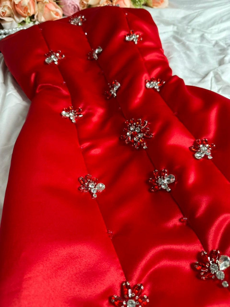 Red Strapless Tulle Long Prom Dress Wedding Dress with Beads,DP1062