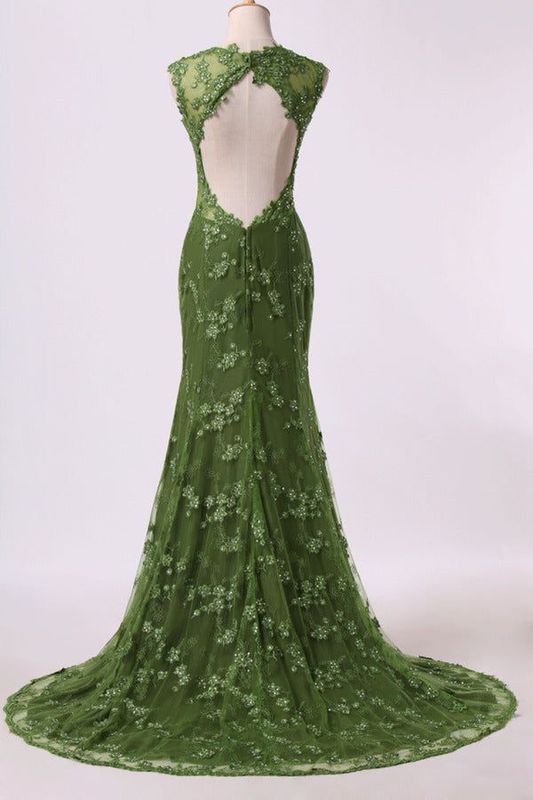 Green Backless Appliques Beading Formal Prom Party Dress,DP1069