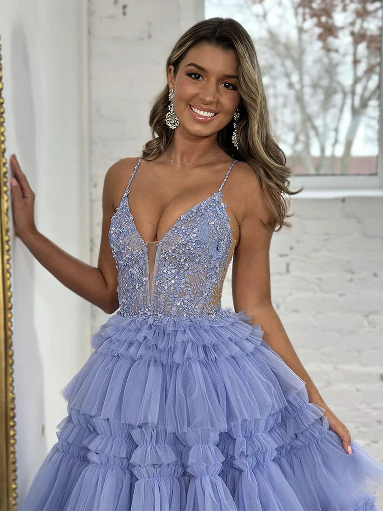 Lavender V Neck Tulle Tiered Long Prom Dress Evening Gown,DP1079