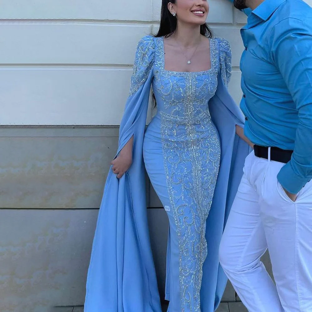Luxuriöse blaue Meerjungfrau-Abendkleider im muslimischen Stil mit Cape-Ärmeln, Verlobungs-Partykleider, DP1093