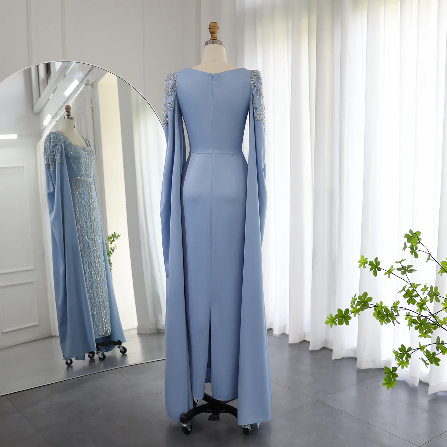 Luxuriöse blaue Meerjungfrau-Abendkleider im muslimischen Stil mit Cape-Ärmeln, Verlobungs-Partykleider, DP1093