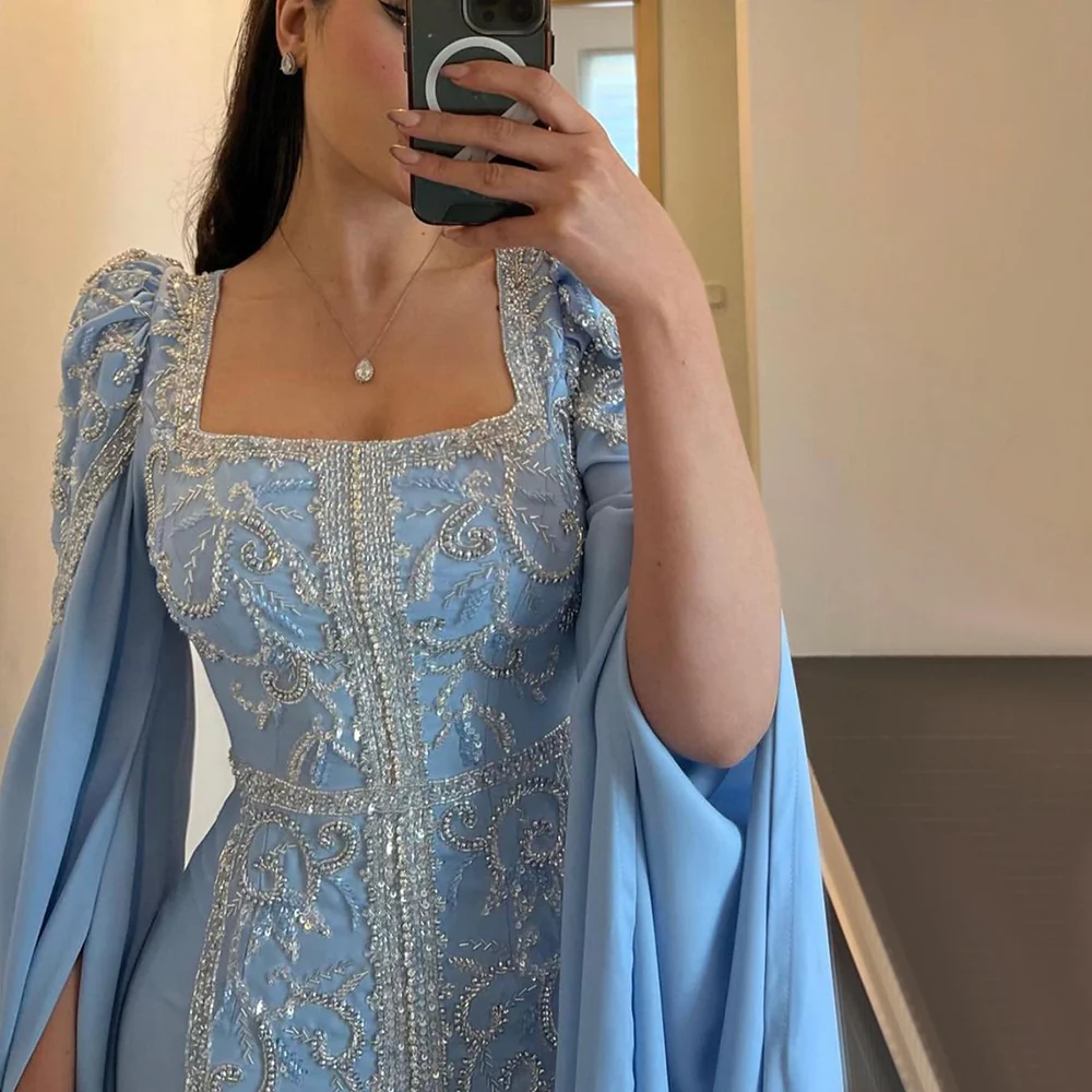 Luxuriöse blaue Meerjungfrau-Abendkleider im muslimischen Stil mit Cape-Ärmeln, Verlobungs-Partykleider, DP1093