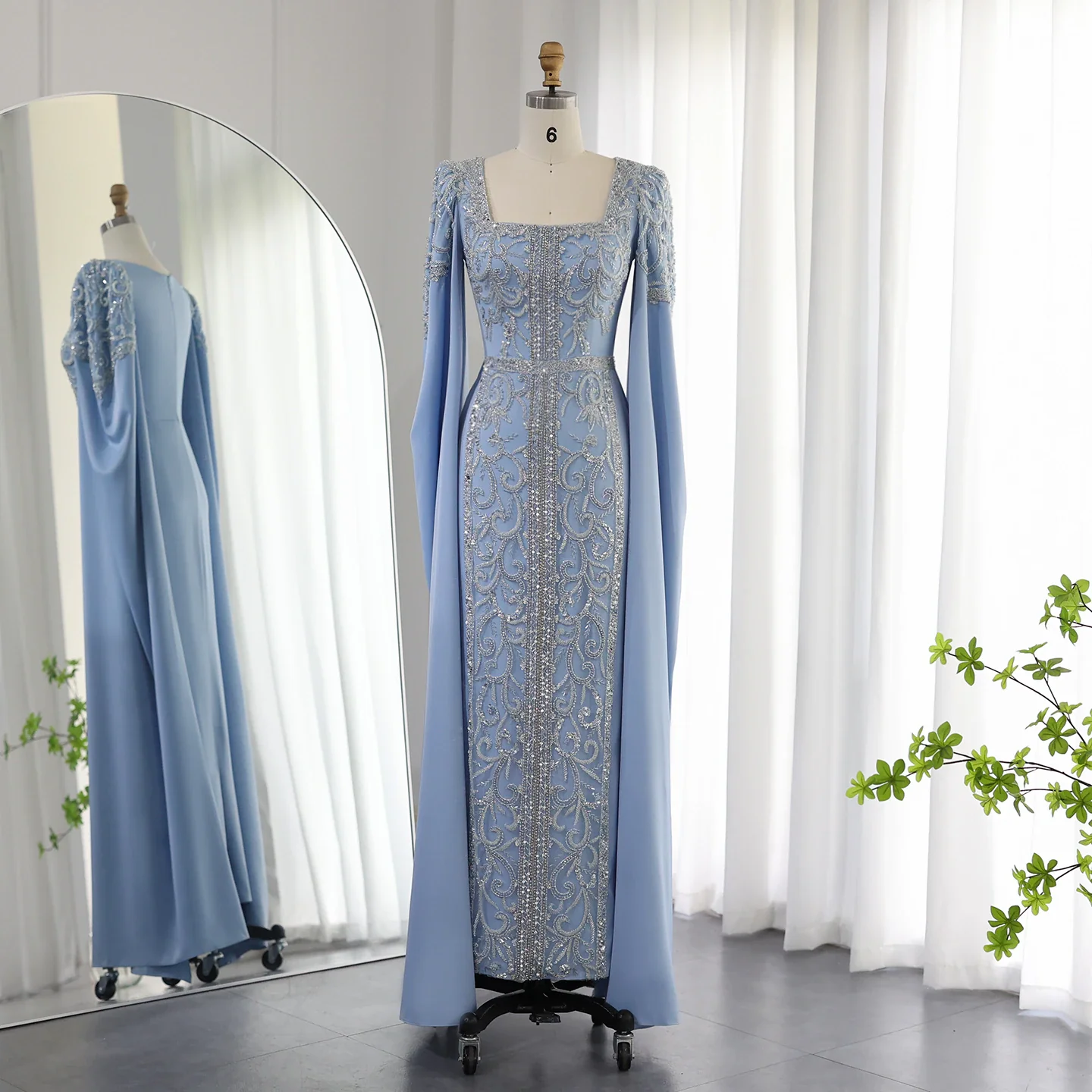 Luxuriöse blaue Meerjungfrau-Abendkleider im muslimischen Stil mit Cape-Ärmeln, Verlobungs-Partykleider, DP1093