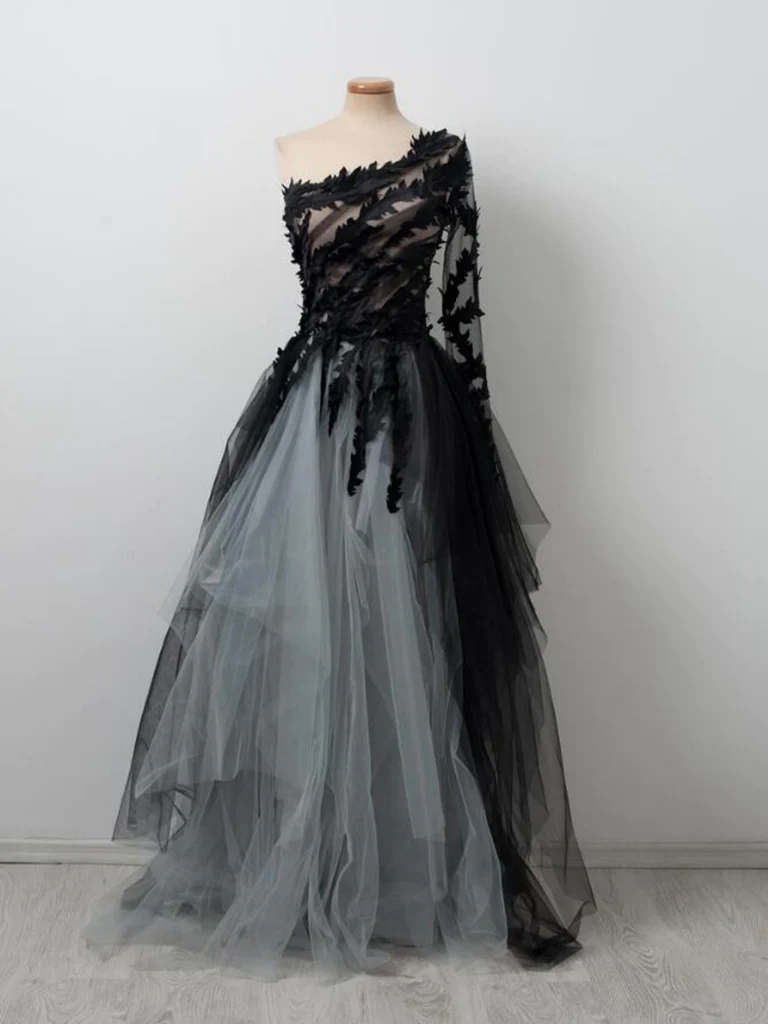 Robe de bal longue asymétrique en tulle noir et gris, DP1095