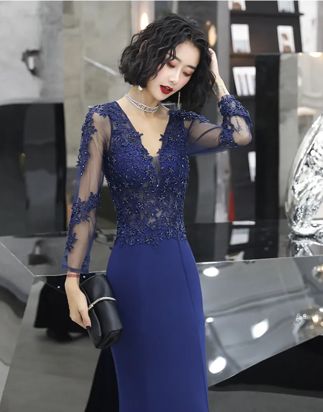 Green Long Sleeves Appliques Mermaid Formal Prom Dress,DP1103