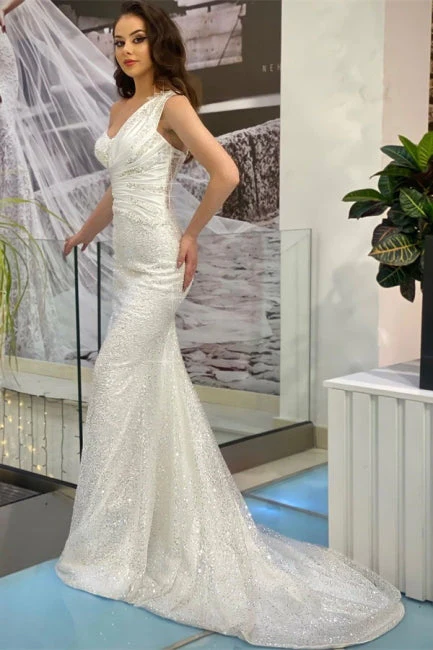 Glitter White One Shoulder Mermaid Long Formal Prom Dress Evening Dress,DP1106