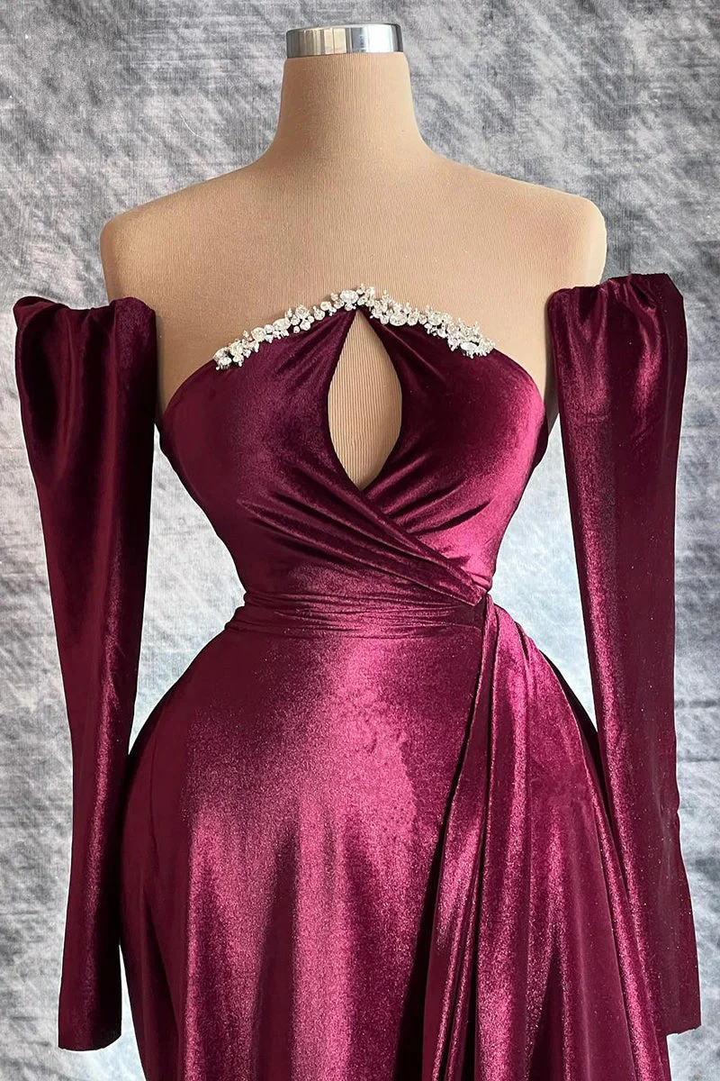 Long Velvet Sequined Detachable Sleeves Prom Dress With Train,DP1112