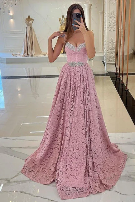 Pink Spaghetti Straps Beading Long Evening Dress With Lace,DP1114