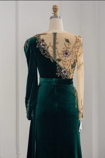 Dunkelgrüne Abendkleider mit langen Ärmeln und Juwelen im Meerjungfrau-Stil mit Rüschen, DP1116