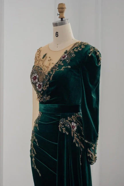 Dunkelgrüne Abendkleider mit langen Ärmeln und Juwelen im Meerjungfrau-Stil mit Rüschen, DP1116