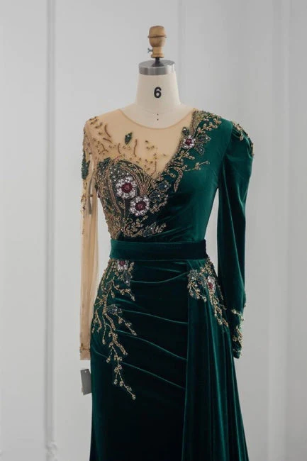 Dunkelgrüne Abendkleider mit langen Ärmeln und Juwelen im Meerjungfrau-Stil mit Rüschen, DP1116
