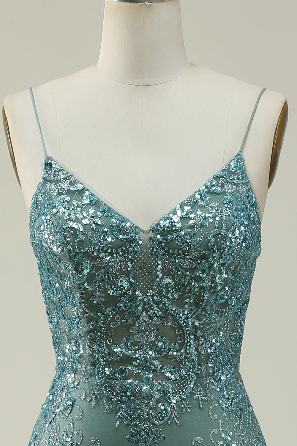 Green V Neck Spaghetti Straps Long Prom Dress With Split Front,DP1128