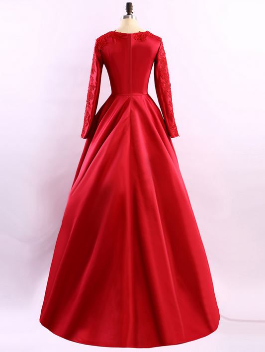 Einfaches rotes langes A-Linien-Abendkleid mit langen Ärmeln, DP1131