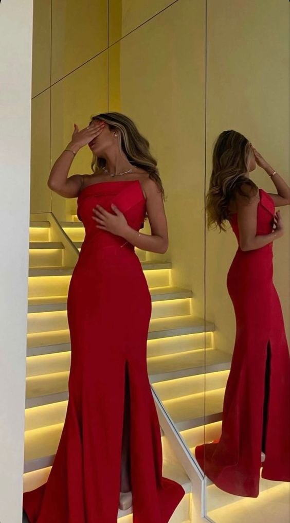 Sexy Rotes trägerloses Meerjungfrauen-Partykleid mit Schlitz, DP1133